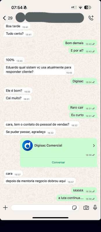 Print de WhatsApp de aluno: depois da mentoria o negócio dobrou